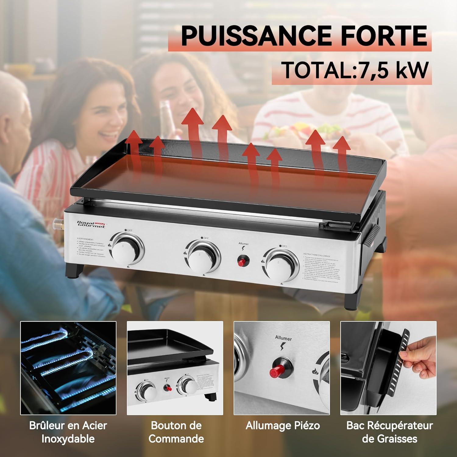 etevert - Plancha Gaz 3 brûleurs - 62x35,5 cm - acier émaillé, portable, 7.5kW