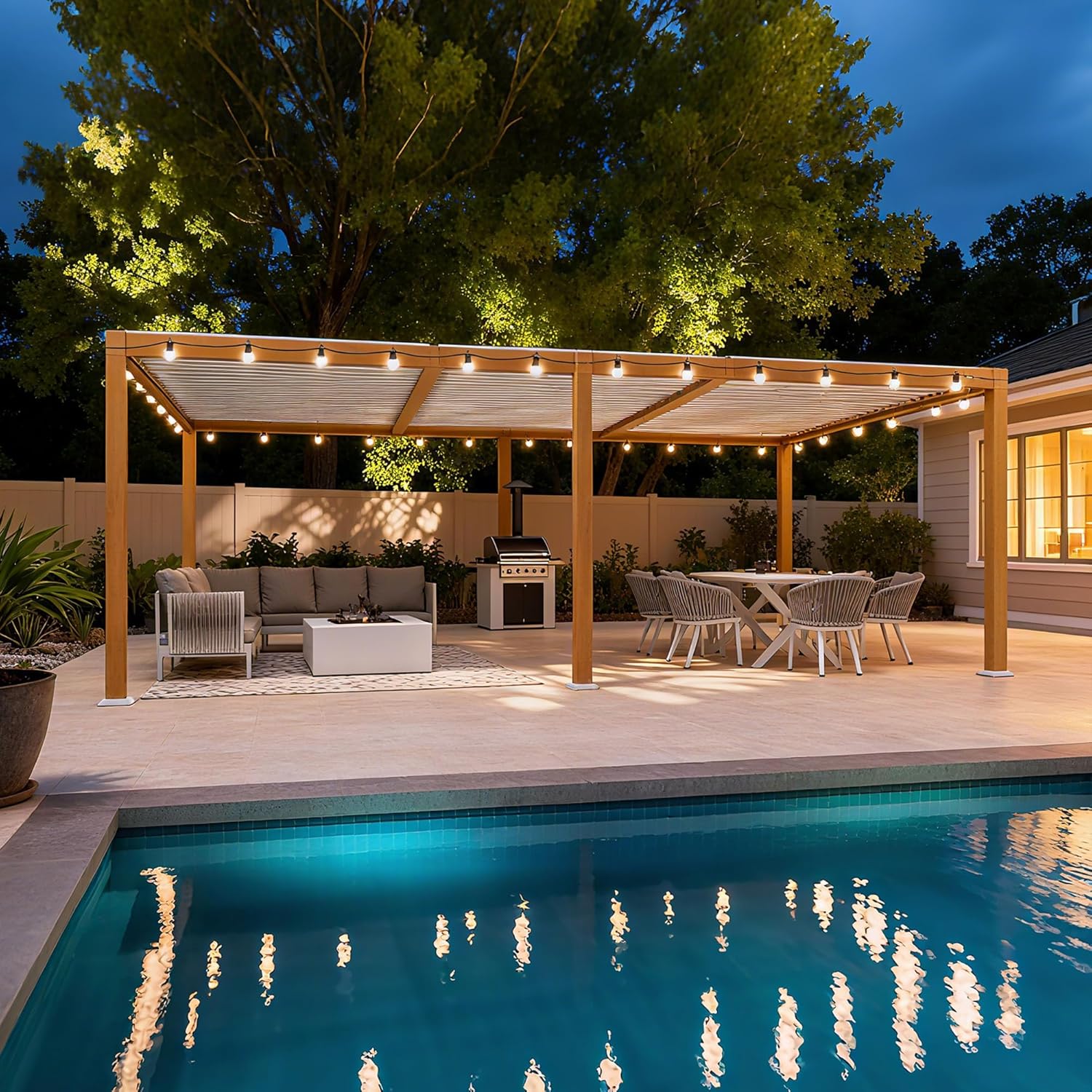 etevert - Pergola effet bois - 3.5x6.35m - LED, lames orientables, étanche