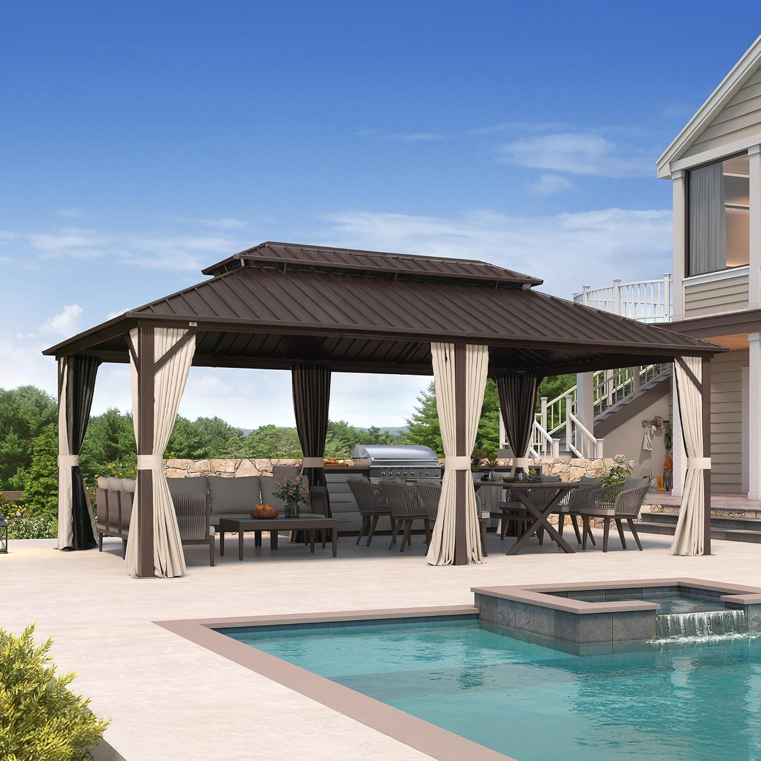 etevert - Pergola Jardin Double Toit 6x3,65m, alu, moustiquaire