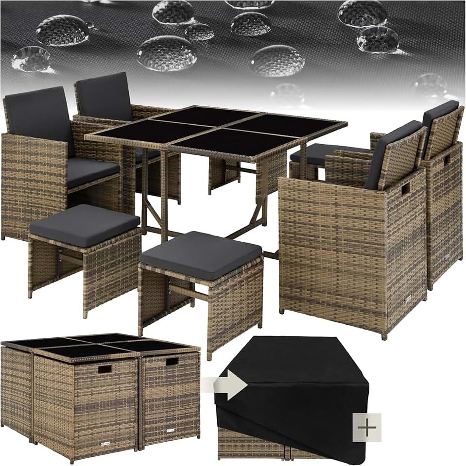 etevert - Salon de jardin polyrotin, 4 chaises, 4 tabourets, table, housse, marron