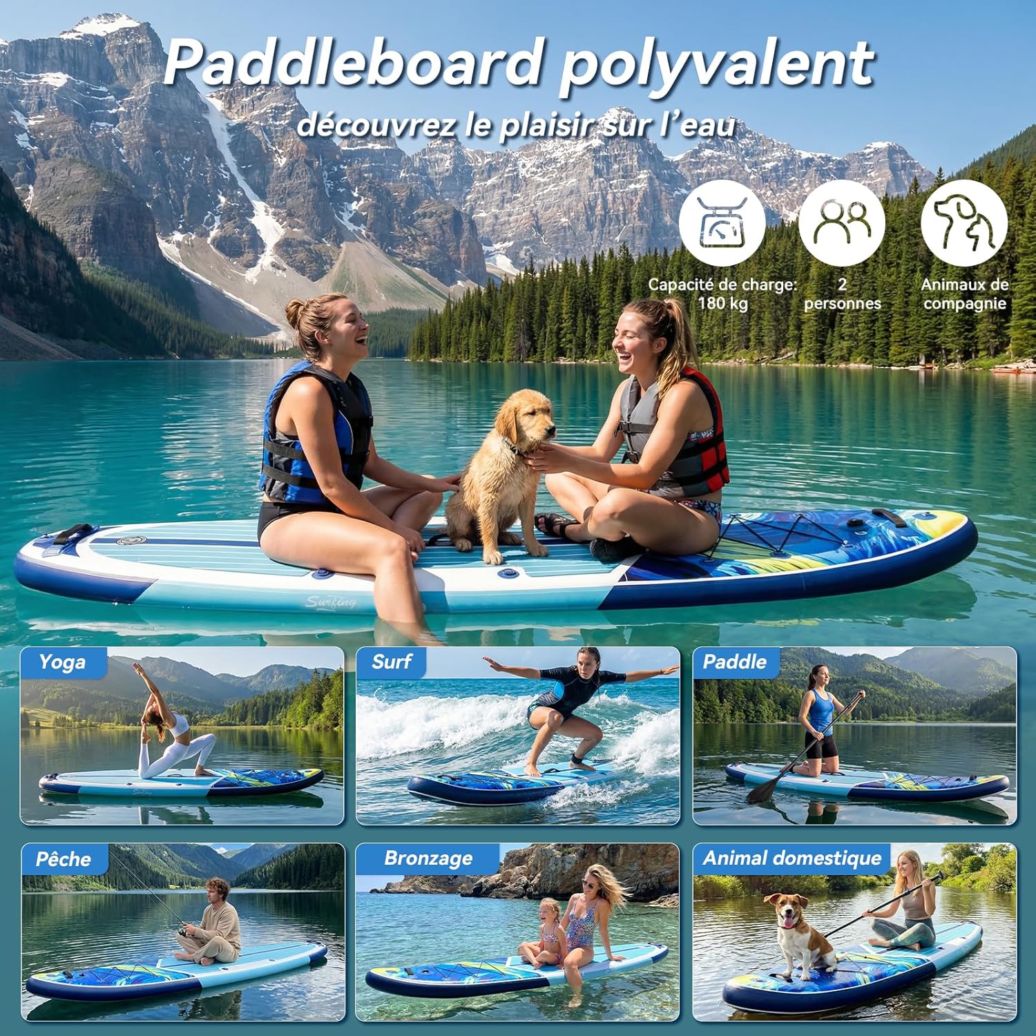 etevert - Paddle gonflable adulte 320/335cm - 2 personnes, siège kayak, pagaie, support caméra, 150kg