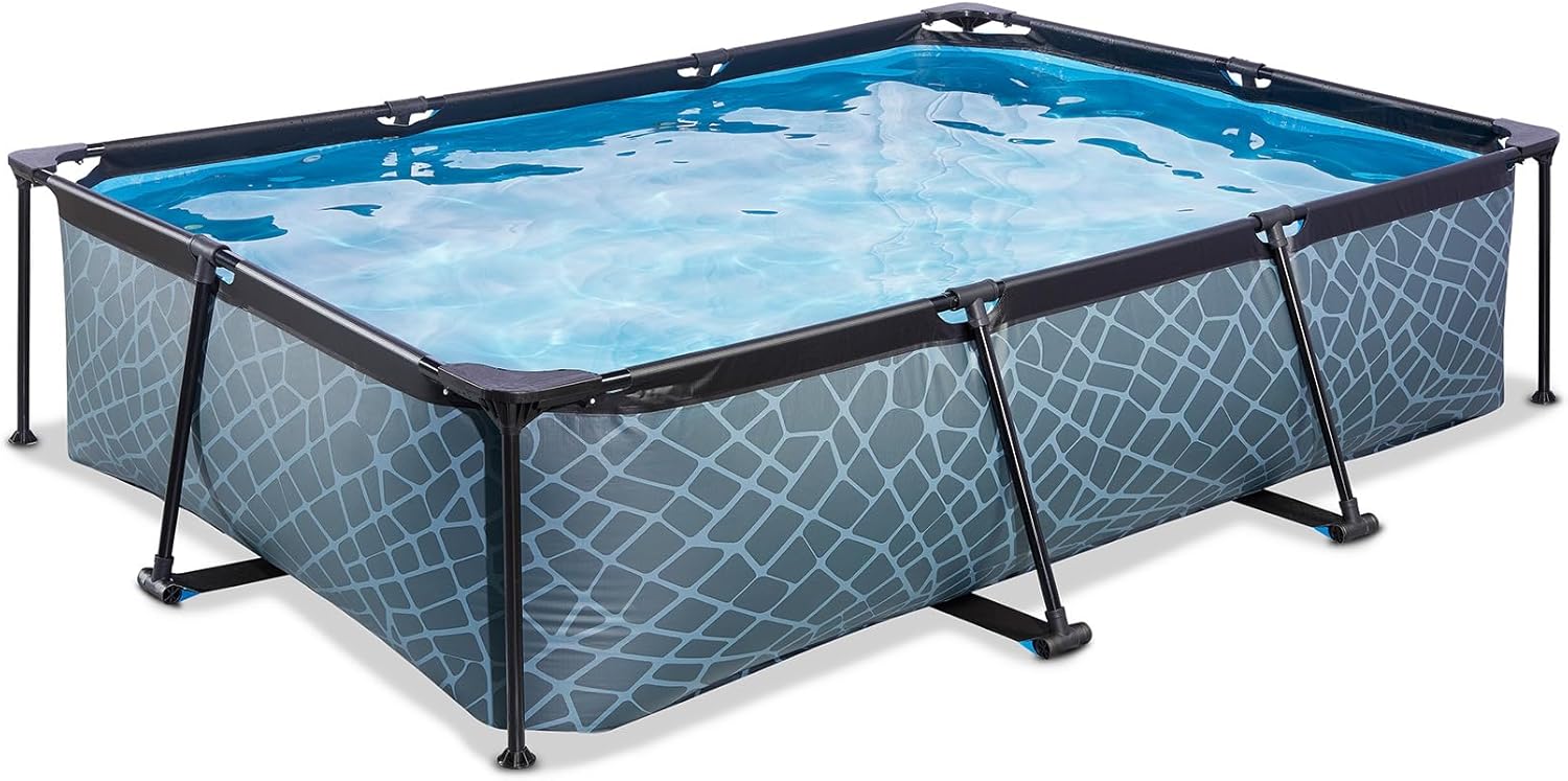 etevert Piscine Stone - 300x200x65cm - Piscine Hors Sol Rectangulaire avec Pompe Filtrante à Cartouche - Entrée Basse - Idéal pour Les Jeunes Enfants - Cadre Stable - Design Unique - Gris