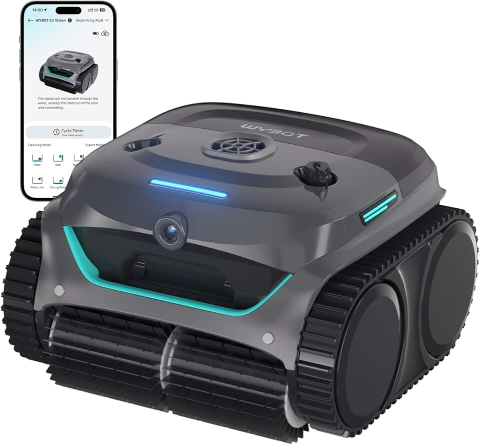 etevert (Nouveau Modèle) Robot Piscine sans Fil C2 Vision-A avec caméra IA, Filtration Ultra-Fine, Forte Aspiration, Nettoyage Fond/parois & Ligne d’Eau, Navigation Intelligente – Bleu-Vert Gris