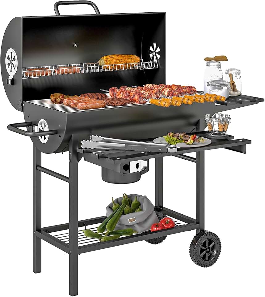 etevert - barbecue charbon de bois - grande taille - grille, couvercle thermomètre, roues, tablette pliable