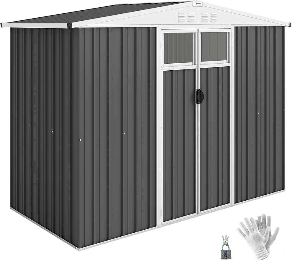 etevert Abri de Jardin en métal 2,7 m² cabane de Jardin 246 x 117 x 180 cm cabanon Rangement Outils avec fenêtre, 4 évents et Porte verrouillable, cabanon Jardin extérieur en Acier galvanisé, Gris