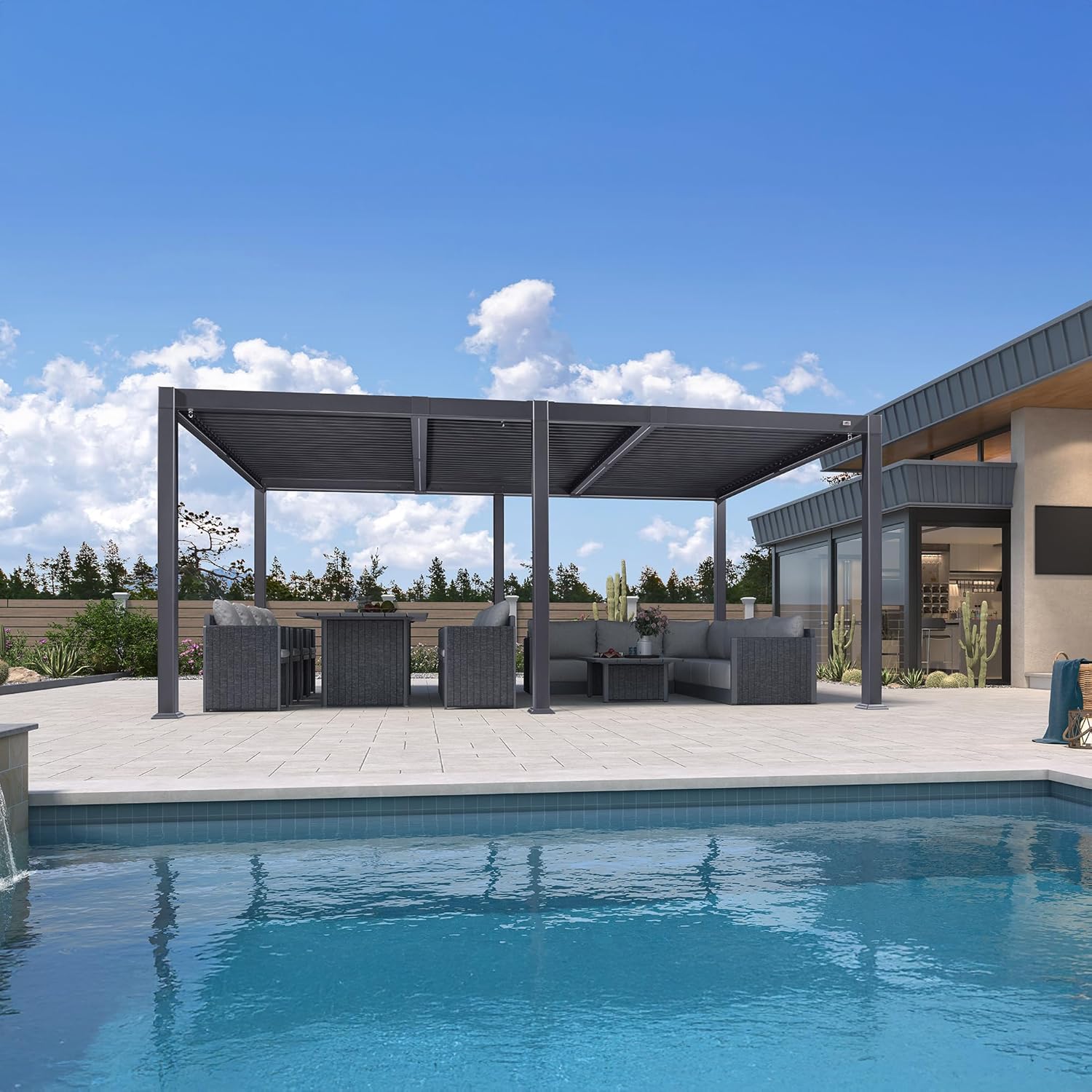 etevert - Pergola bioclimatique - 3,5x5,5m - alu, lames LED, étanche