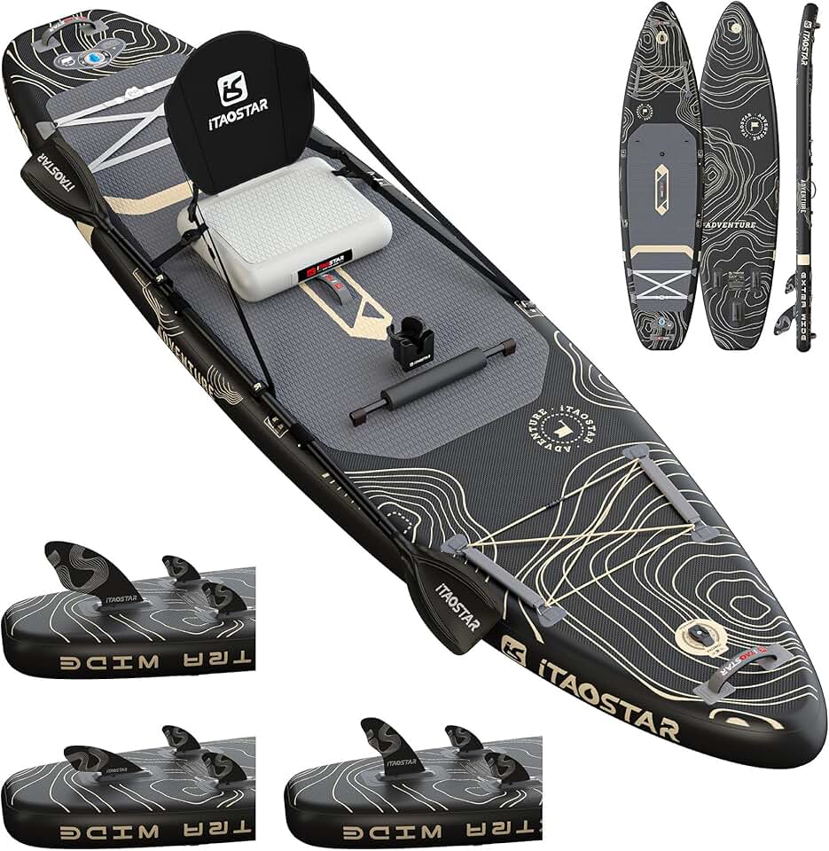 etevert Adventure 365×88cm Planche de Paddle Extra Large avec siège, Accessoires Sup Haut de Gamme Tout-en-Un, 5 ailerons sur Mesure, Planches de Paddle gonflables Stables pour Adolescents/Adultes Global Recycled Standard
