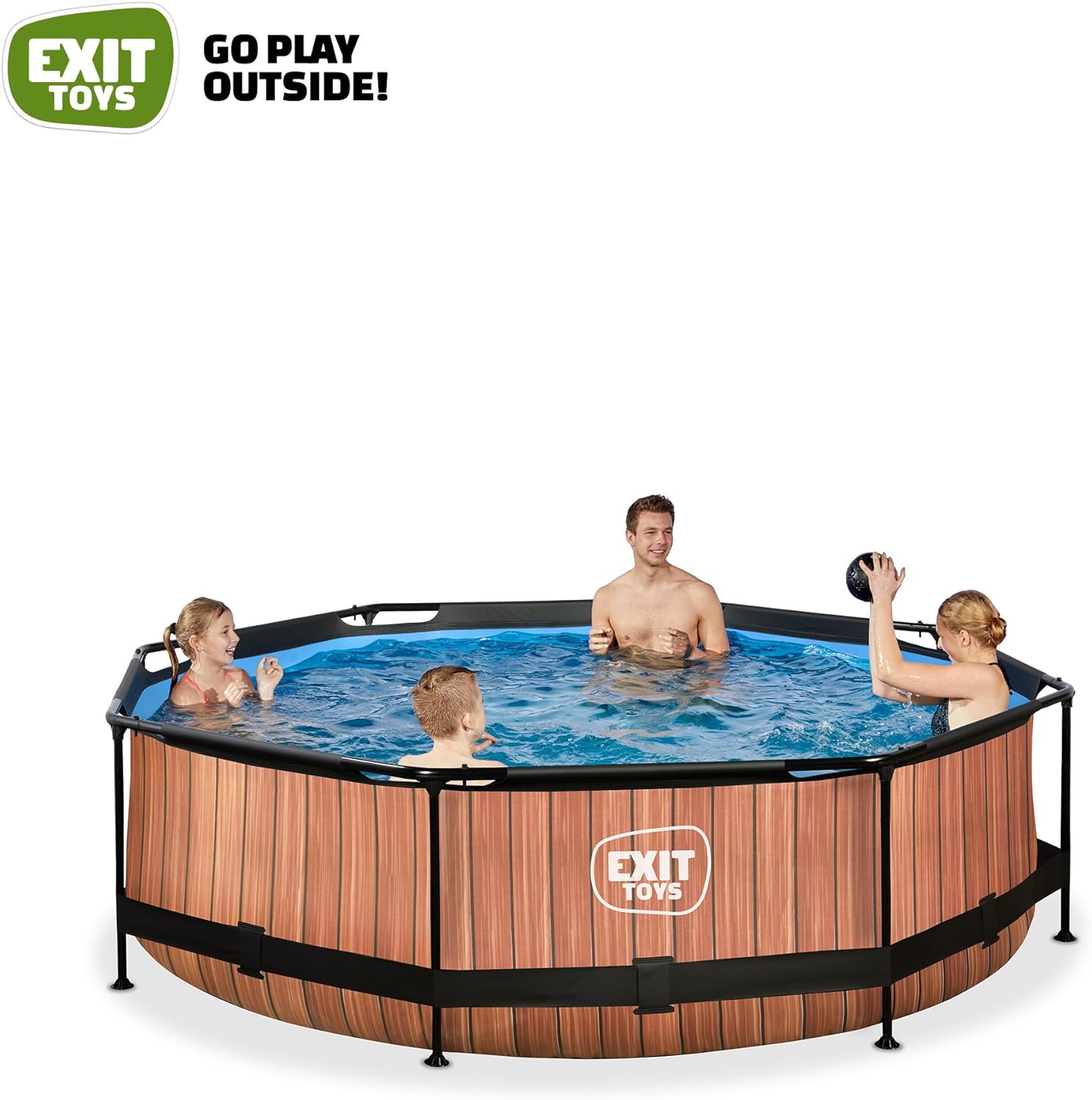 etevert Piscine Tubulaire Wood - ø300x76cm - Piscine Hors Sol Ronde avec Pompe Filtrante à Cartouche - Entrée Basse - Idéal pour Les Jeunes Enfants - Cadre Stable - Design Unique - Marron
