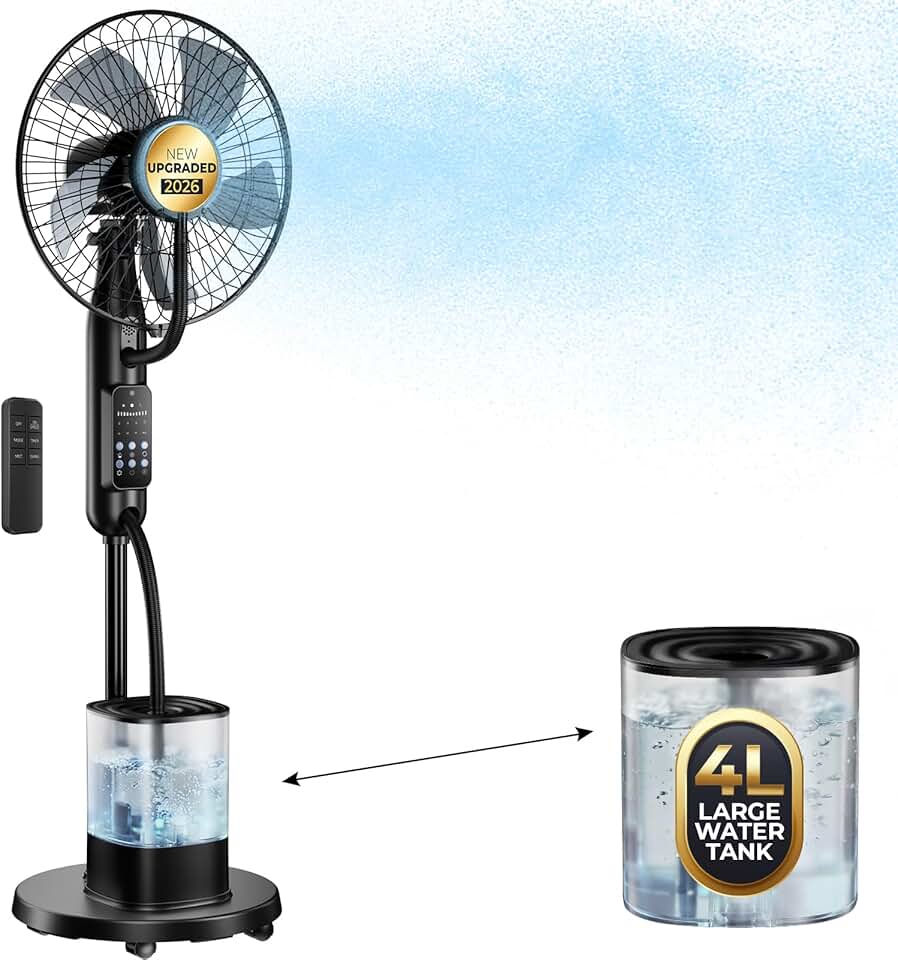 etevert - Ventilateur Brumisateur Amélioré - réservoir 4L, oscillant, 5 vitesses, minuterie, télécommande, 7,5h