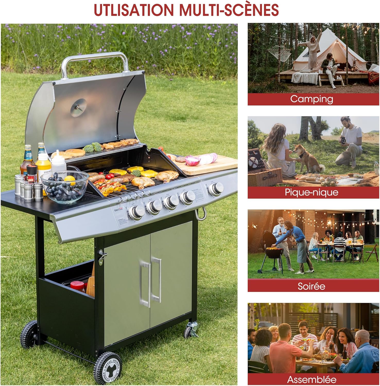 etevert - Barbecue Gaz 4+1 brûleurs inox - 14,5kW - 2 portes, thermomètre, roues directionnelles