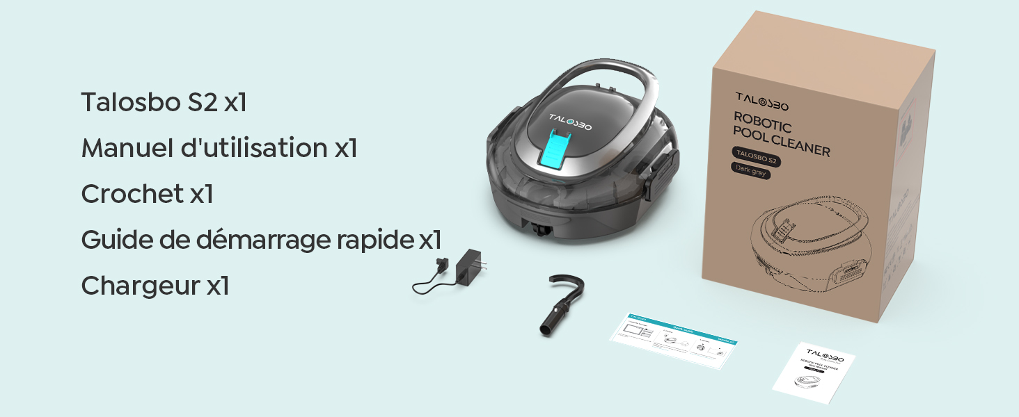 Le texte indique « etevert S2 x1 », « Manuel d'utilisation x1 », « Guide de démarrage rapide x1 », « Crochet x1 », « Chargeur x1 ». Disposition du contenu de l'emballage du produit avec un aspirateur robotique.