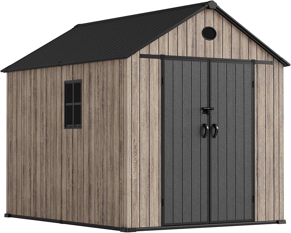 etevert Abri de jardin en résine 6,41 m² Oak O60 - Sol inclus - Fenêtre latérale - Aspect bois premium - Double porte large - Protection UV et imperméable - Fermeture par goupille - Ventilations