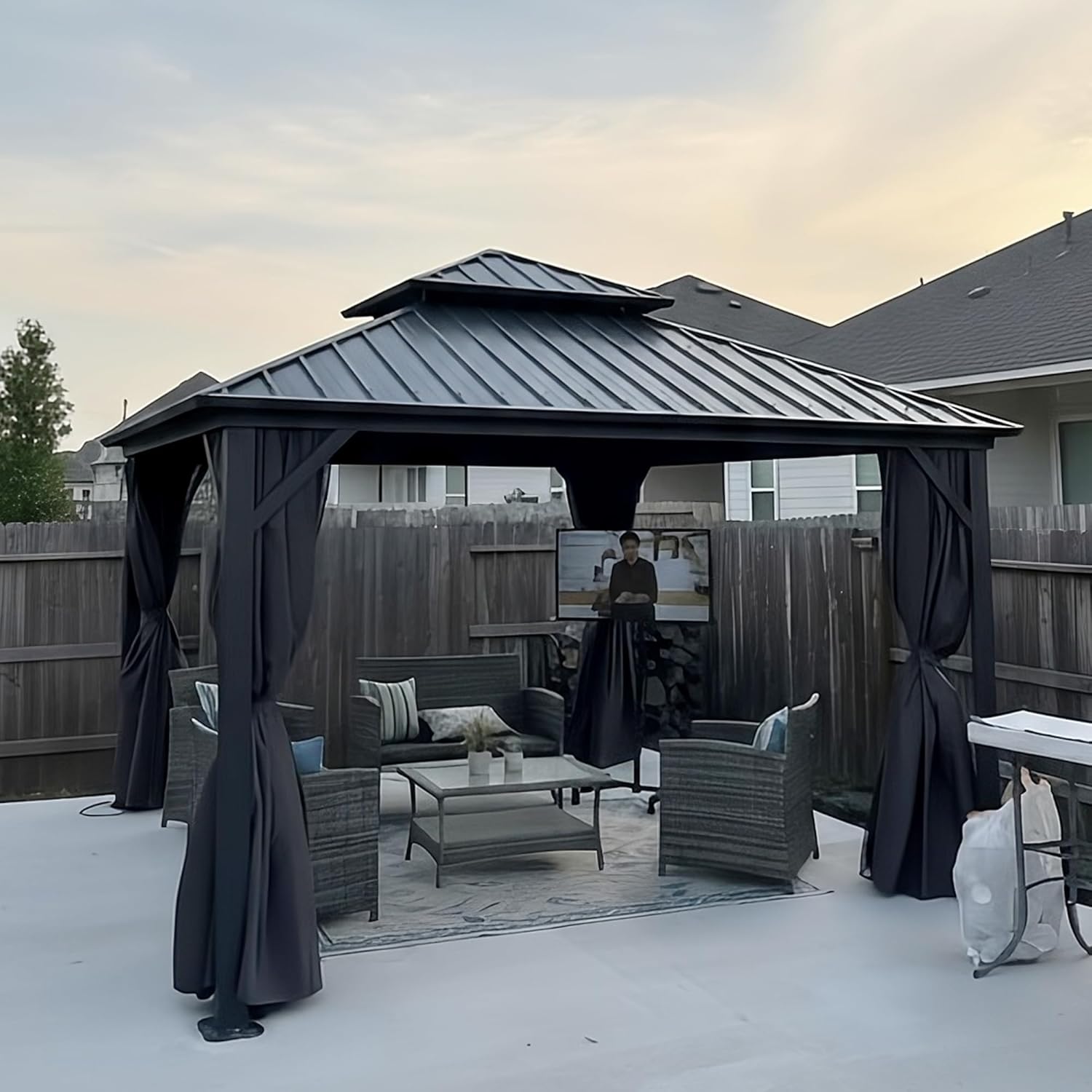 etevert - Pavillon jardin double toit alu 3,65x3,65m, rideaux, moustiquaire