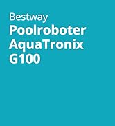 Le texte se lit comme suit : « etevert Poolroboter AquaTronix G100 ». Fond turquoise avec mise en page publicitaire de produit en texte blanc.