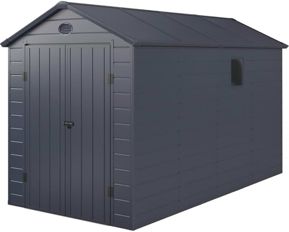 etevert Abri de Jardin Résine Anthracite 6,99m² | Double Porte Verrouillable, Structure Acier Galvanisé | Kit de Fondation Inclus, Ventilation, Fenêtre, Garantie 10 Ans