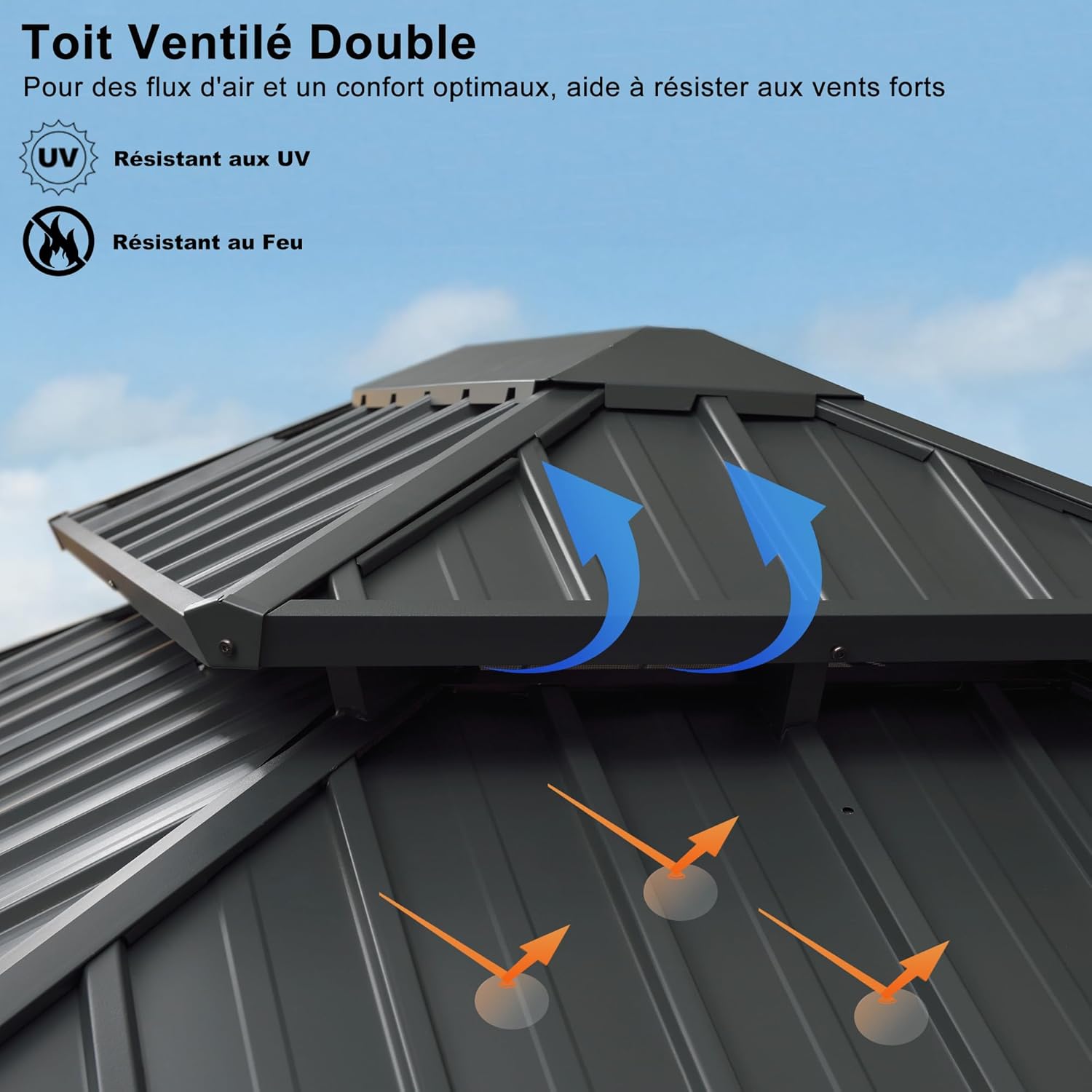 etevert - tonnelle aluminium série - 4,85x3,65m - éclairage intégré, rideaux moustiquaires, gouttière, gris