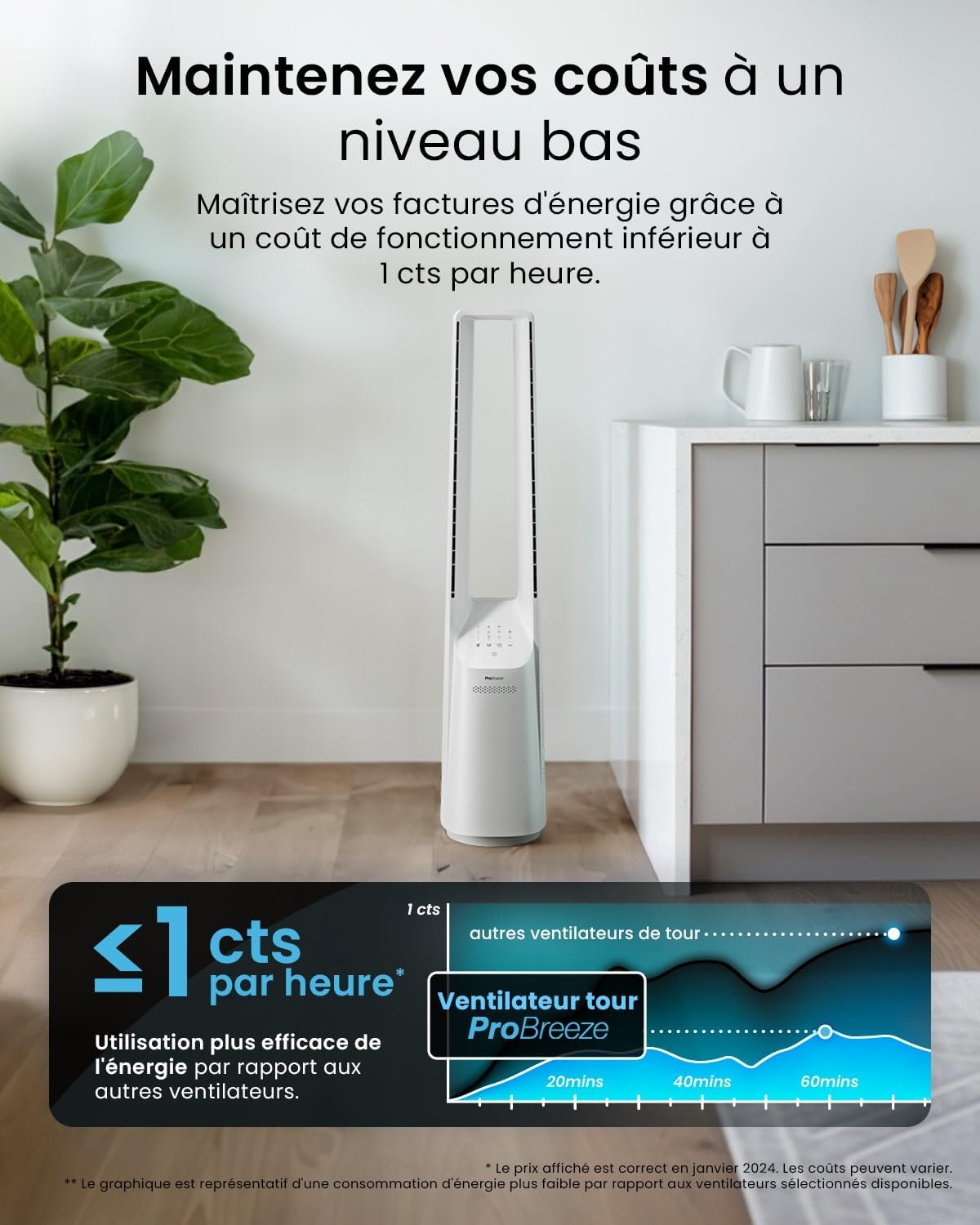 etevert - Ventilateur colonne, 101 cm - 6 vitesses, oscillation 60°, silencieux