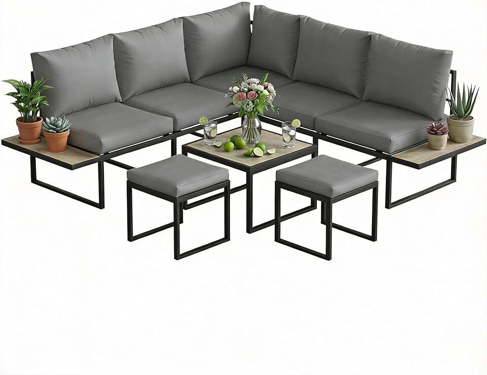 etevert - salon de jardin modulable 6 pers. - coussins 10cm, table PSPC