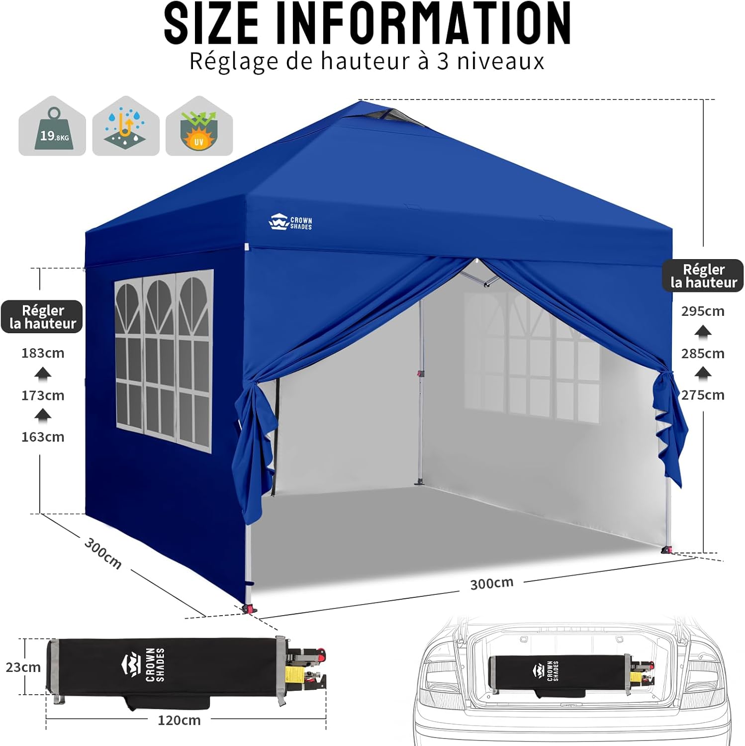 etevert - tonnelle pliante 3x3m - imperméable, UPF 50+, 4 parois amovibles
