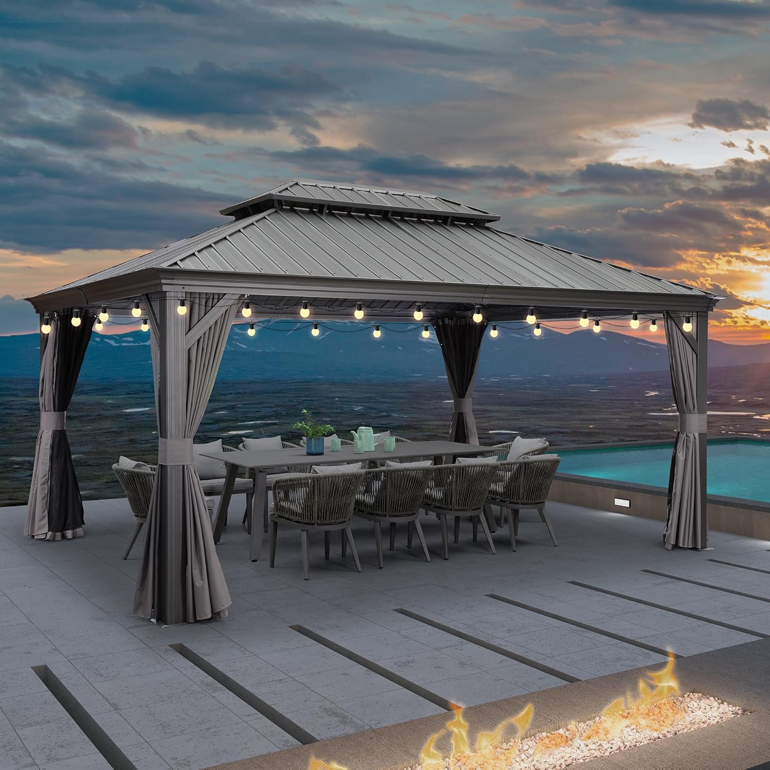 etevert - tonnelle aluminium série - 4,85x3,65m - éclairage intégré, rideaux moustiquaires, gouttière, gris