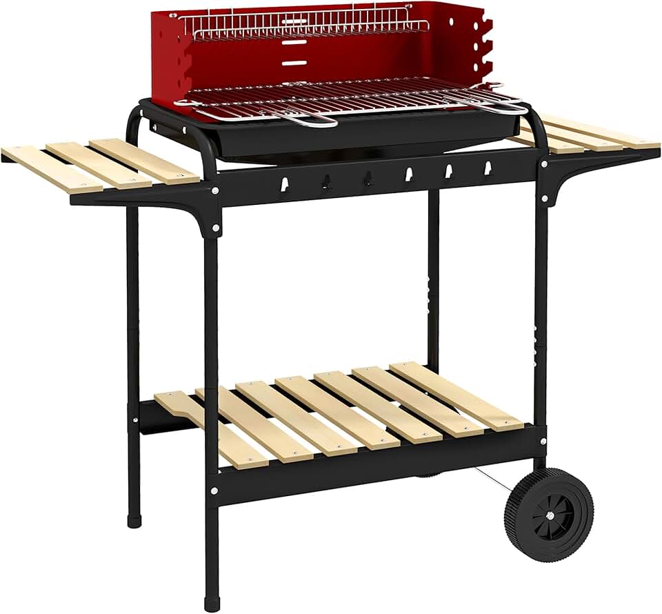 etevert - barbecue à charbon sur pied - 103x47x95cm - gril réglable, 2 roues, 3 étagères, bac à cendres