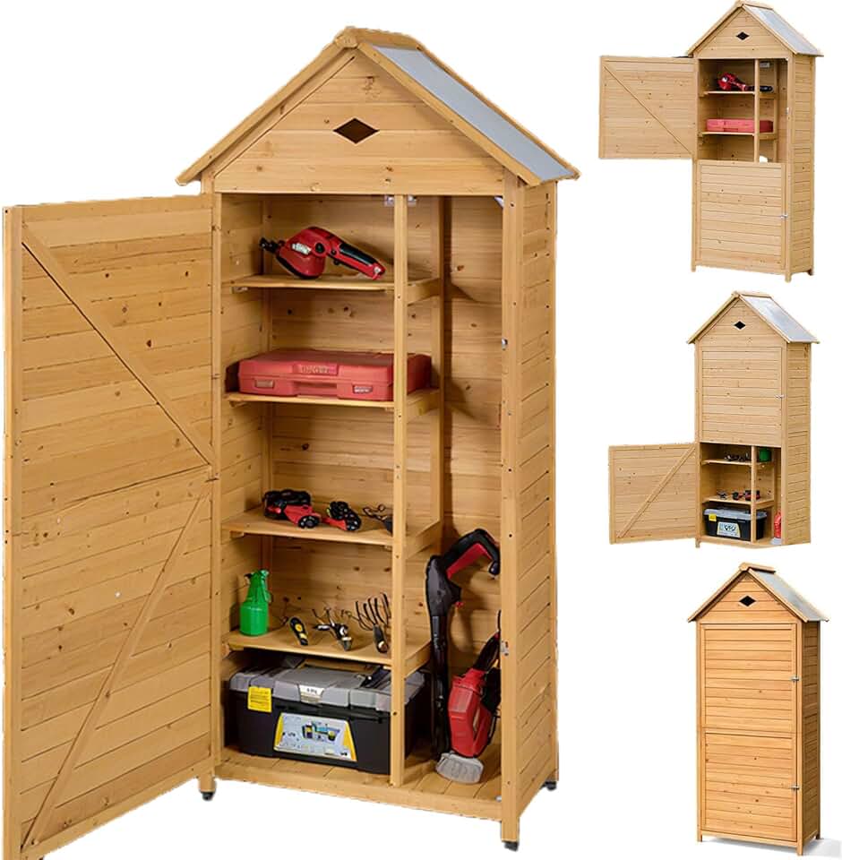 etevert - abri jardin bois - 80x45x177 cm - 5 étagères, porte verrouillable, toit galvanisé