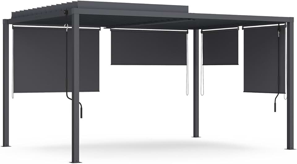 etevert - Pergola bioclimatique acier 3x4m, 4 stores, gris anthracite