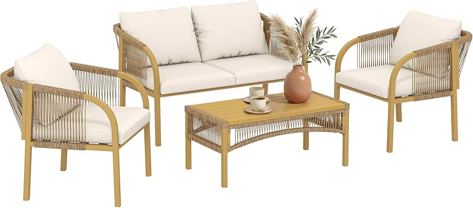 etevert - Salon de jardin 4 pcs - canapé 2 places, coussins, table basse, plateau acier imitation bois - kaki