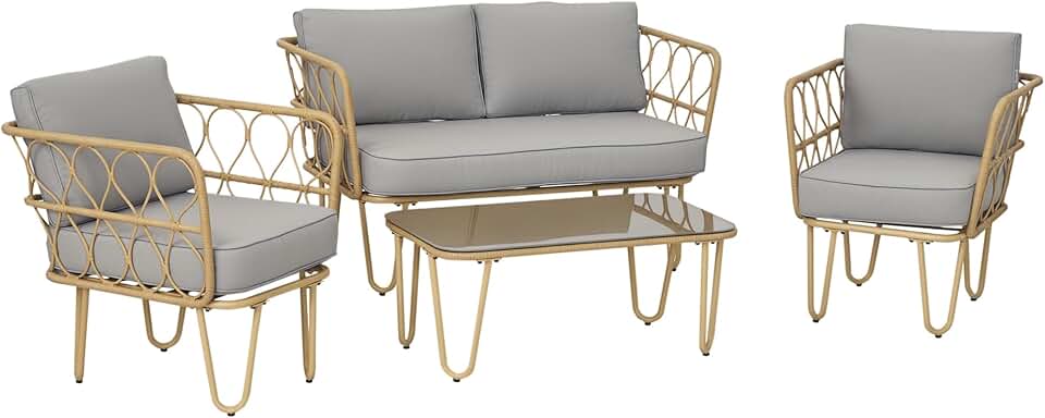 etevert - Ensemble salon 4 pièces acier et résine, 2 places, table basse, coussins, gris clair