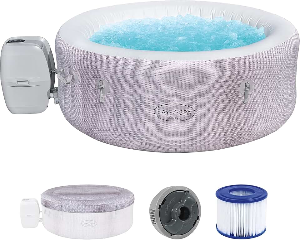 Spa Gonflable etevert® Cancun Airjet Rond 2 à 4 Personnes, 180 x 66 cm, 120 Jets d'air, Couverture Isolante, Filtration à Cartouche, diffuseur Chemconnect