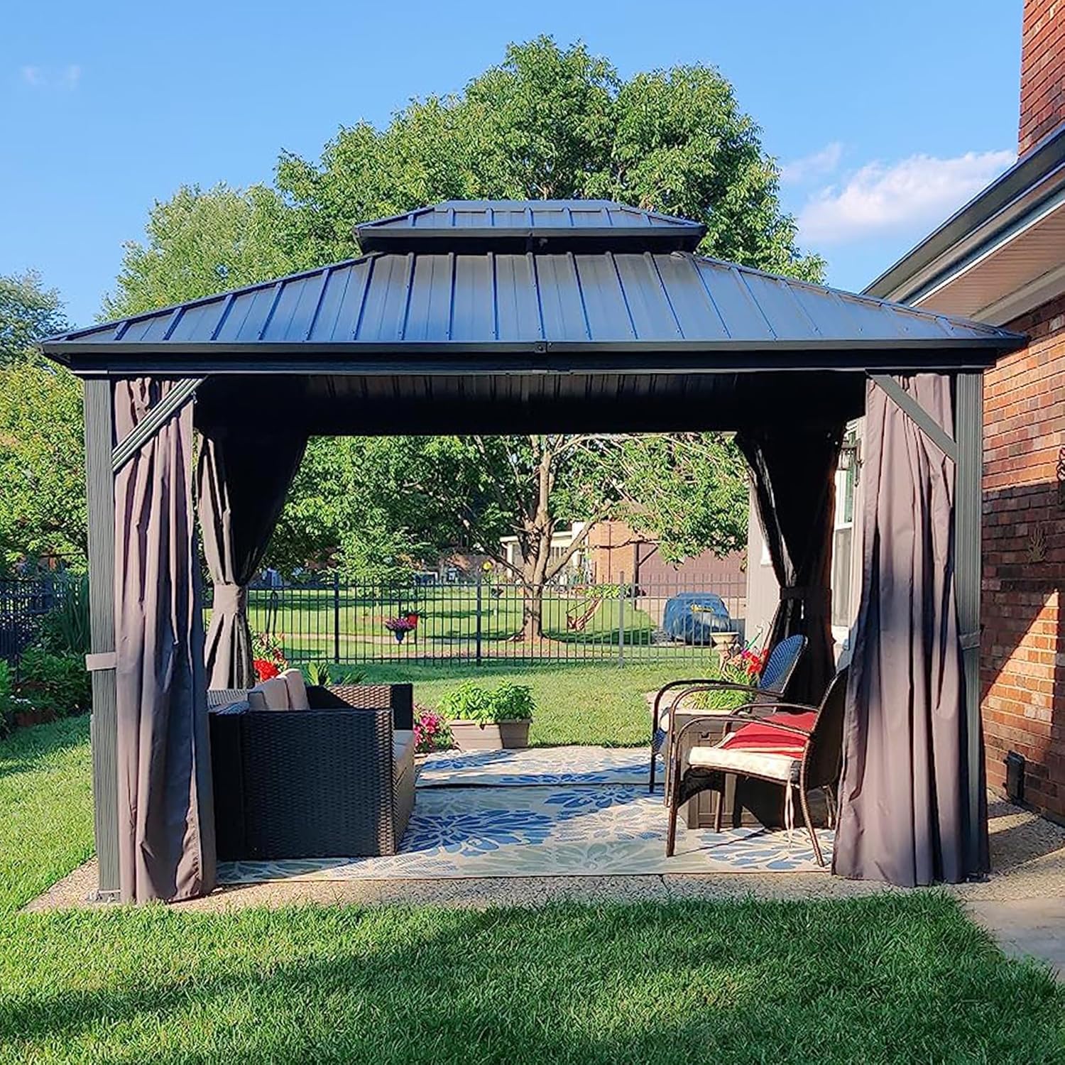 etevert - Pergola aluminium double toit 3,65x3m rideaux moustiquaire