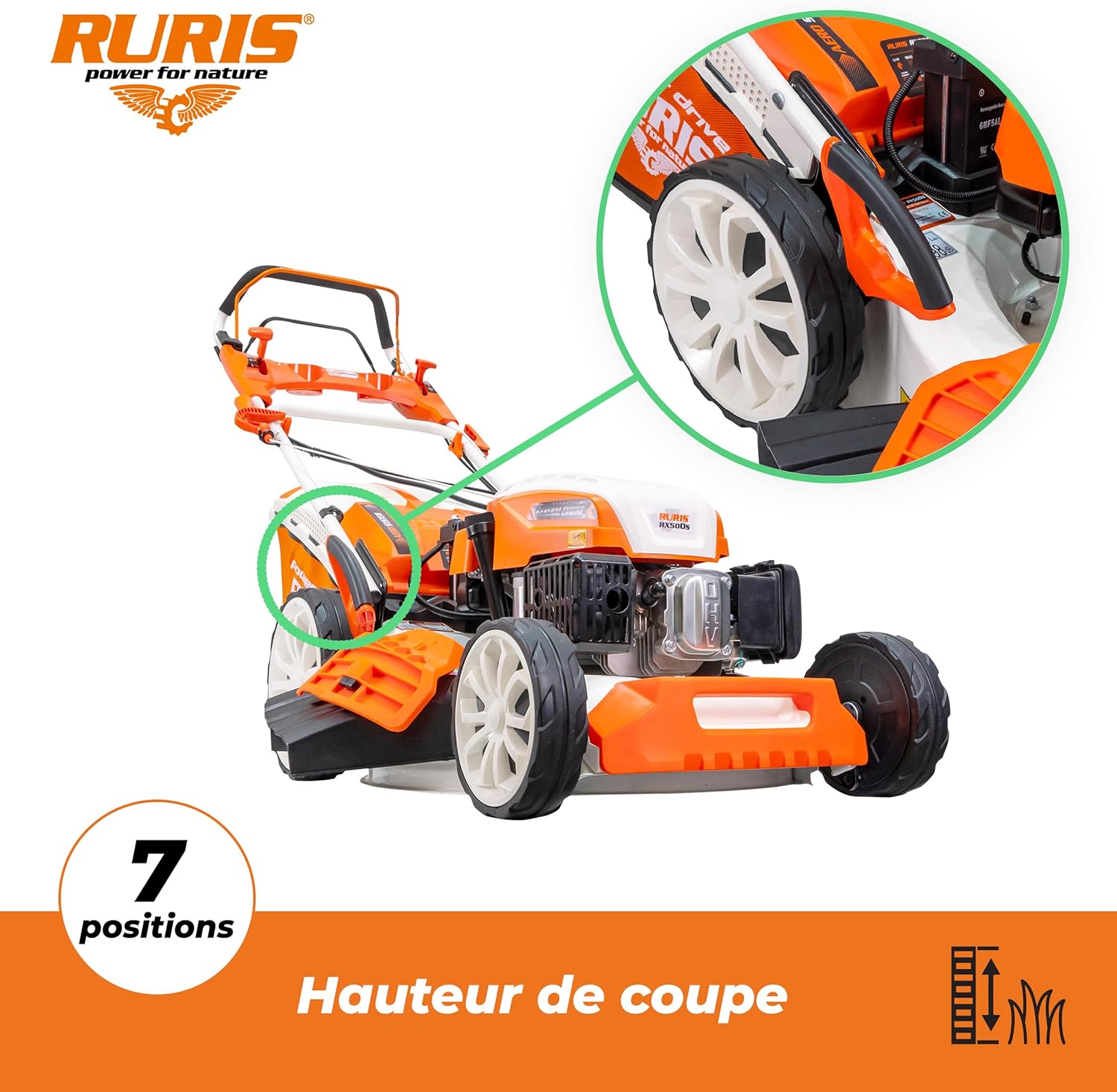 etevert Tondeuse à Gazon Thermique 5 en 1 Mulching 5,7 CV 196cc RX500S, Orange
