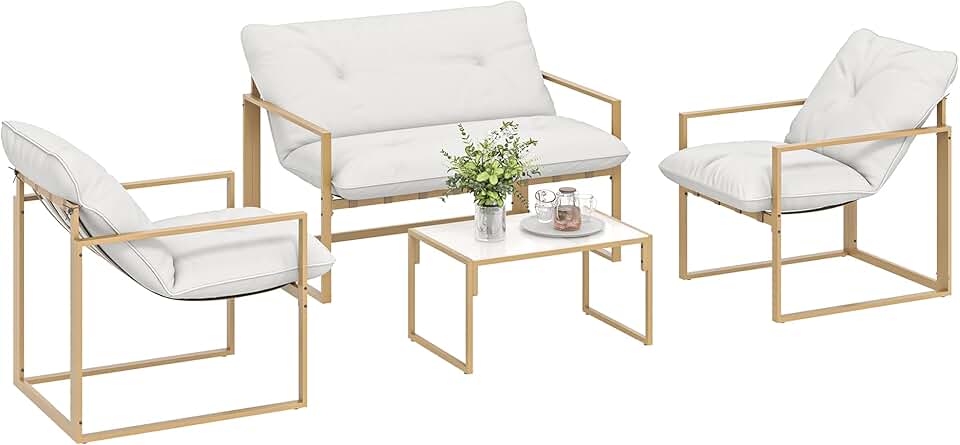 etevert - Salon de jardin 4 pcs - cadre acier, coussins 15cm épais