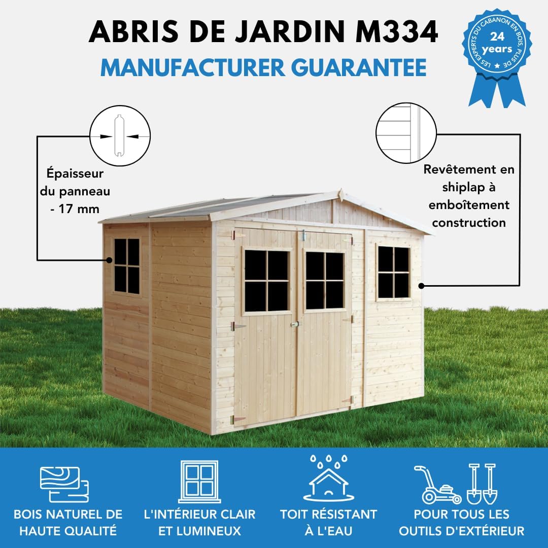 Abri de Jardin en Bois Exterieur avec Les PLANCHERS IMPRÉGNÉ- Cabane de Jardin en Pin/épicéa-H226x324x216 cm/6m2- Construction de Panneaux- Rangement pour vélos, Remise à Outils- etevert M334+M334G