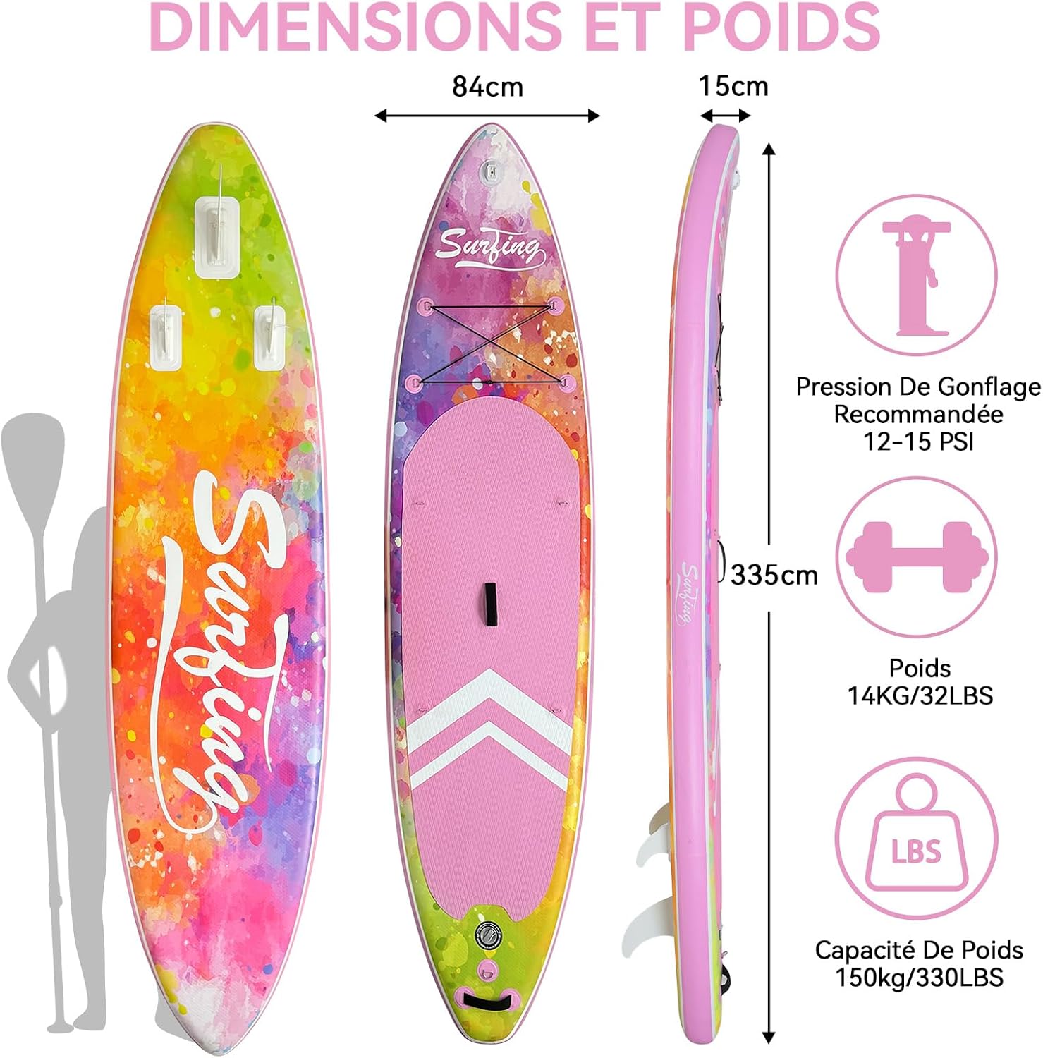 etevert - Paddle gonflable 320/335cm - 2 pers, siège kayak, 150kg
