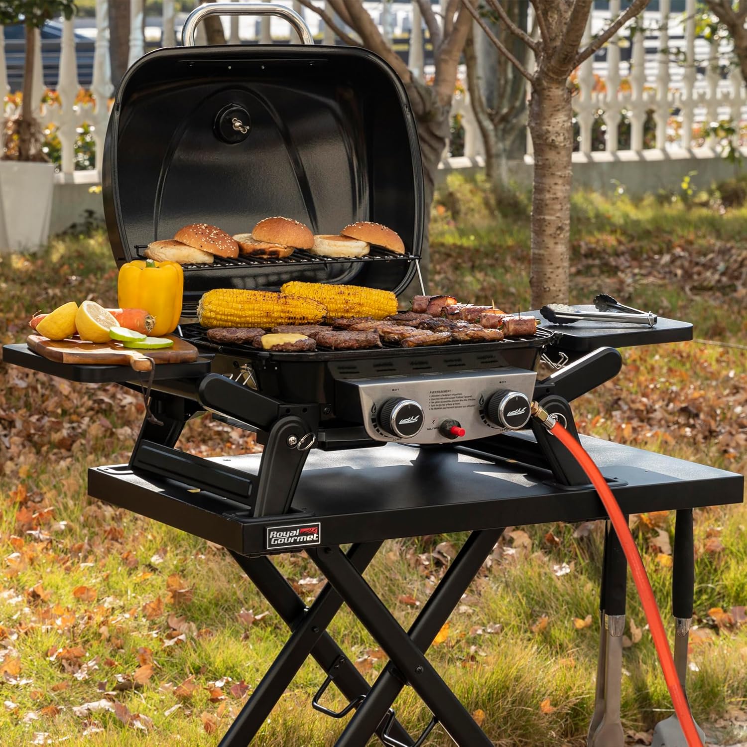 etevert - barbecue gaz portable - 48x37 cm - 2 brûleurs, tables pliantes, chariot détachable, 5kW