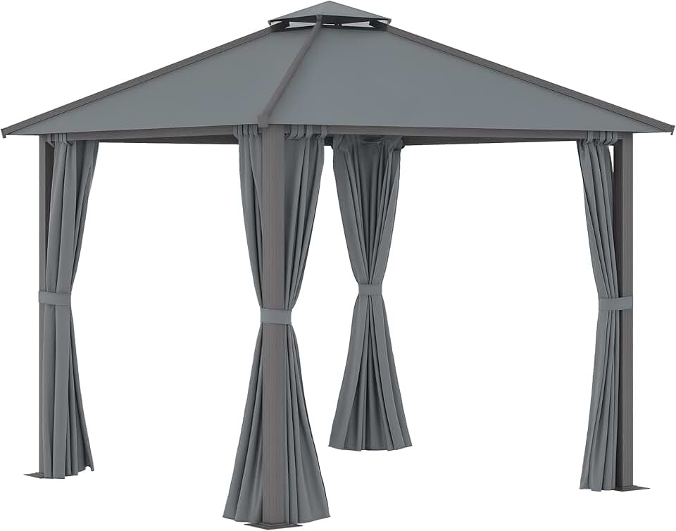 etevert - Tonnelle Jardin série Double Toit 3x3m, Aluminium, 4 parois, protection solaire, Gris