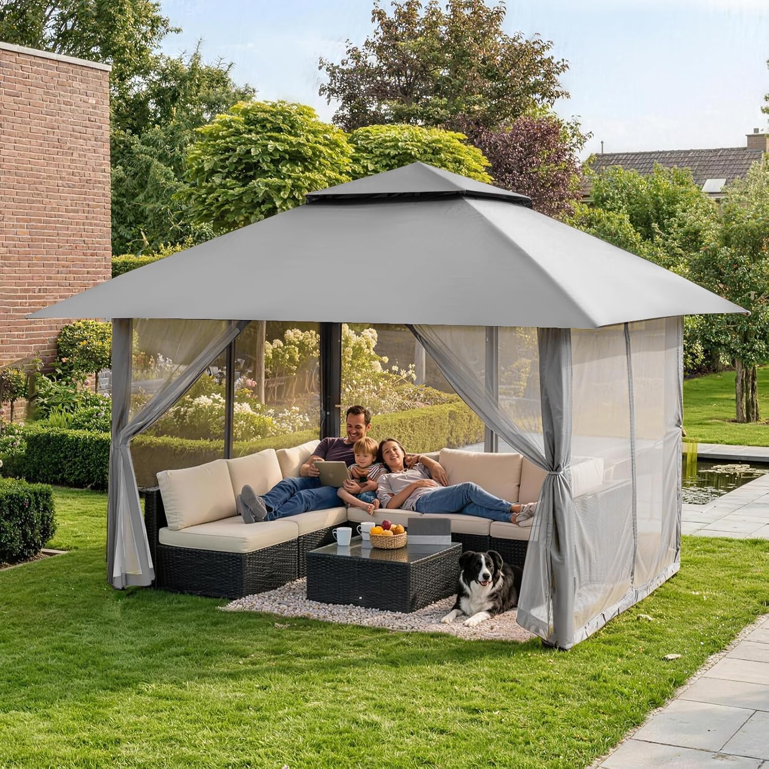 etevert - tonnelle jardin pop up - 4x4 m - double toit, côtés maille, hauteur réglable