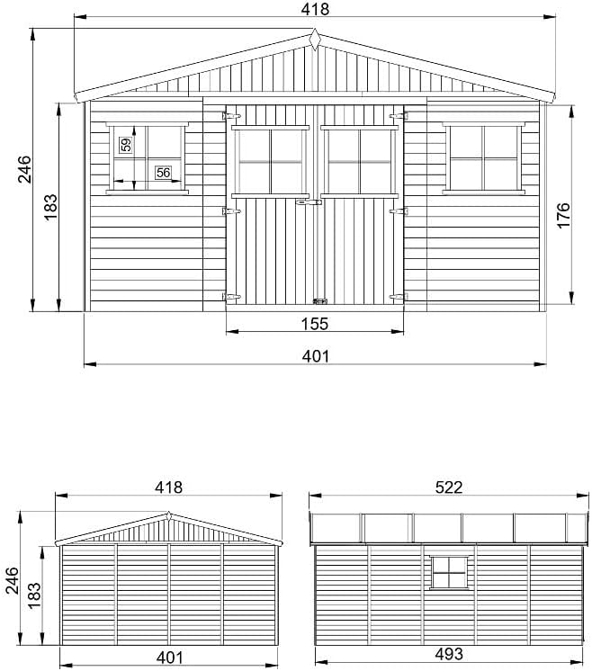 Abri de Jardin en Bois Exterieur avec Les PLANCHERS IMPRÉGNÉ- Maison de Jardin en Pin/épicéa-H246x418x522 cm/20 m²-Construction de Panneaux- Rangement pour vélos, Remise à Outils-etevert M333 +M333G
