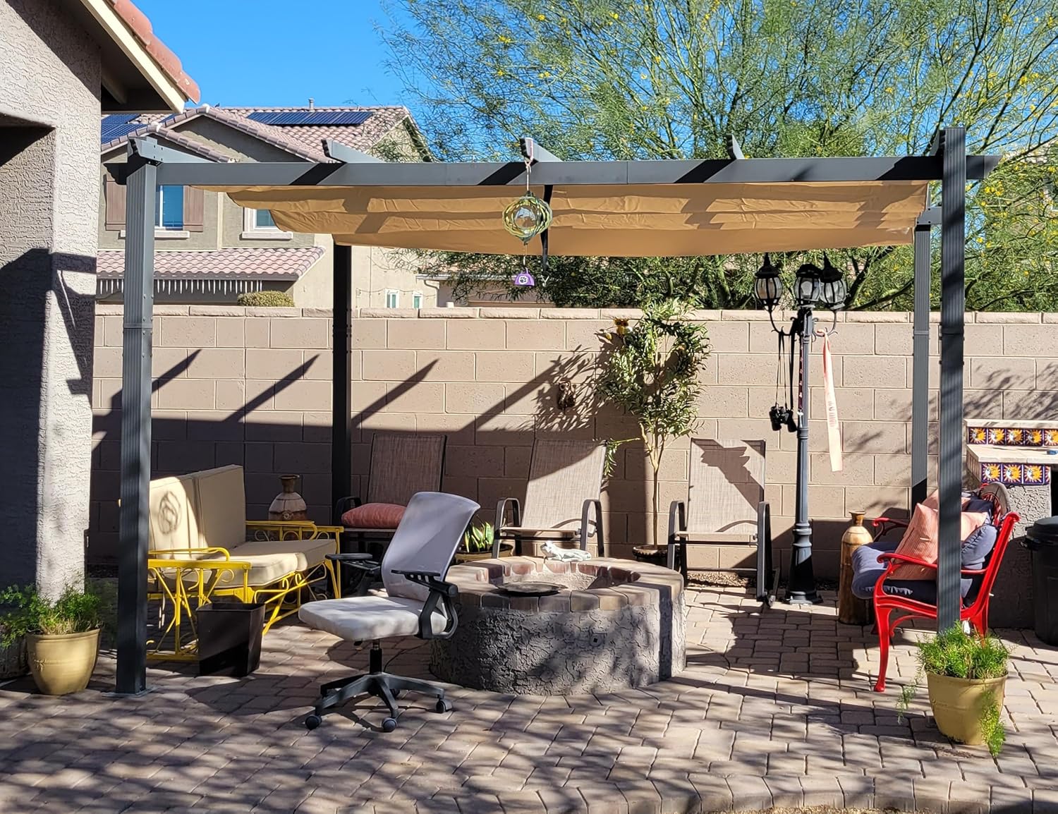 etevert - Pergola aluminium LED, toit rétractable, 4x3m, kaki