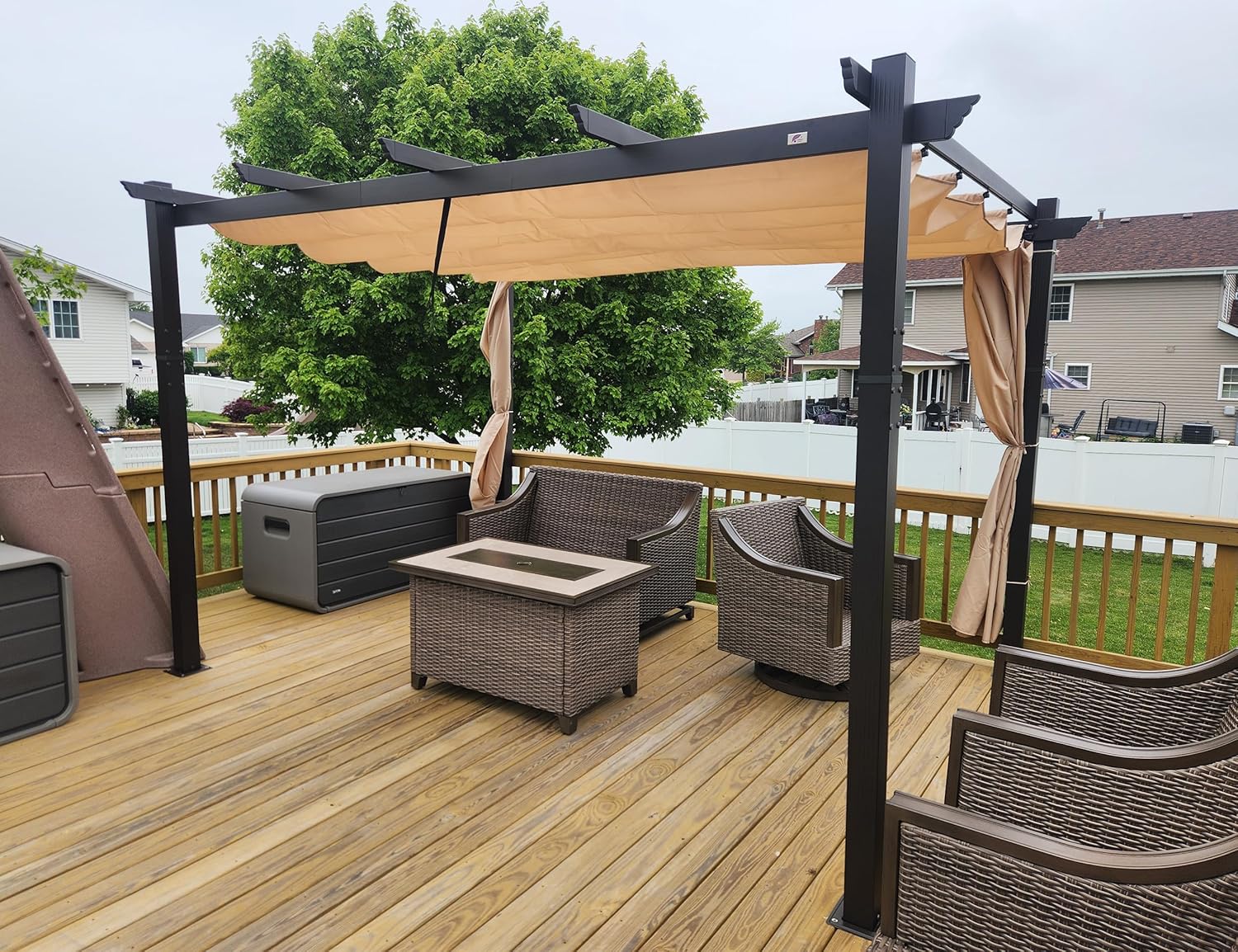 etevert - Pergola Aluminium - 4x3,2m - LED intégrée, toit rétractable, kaki