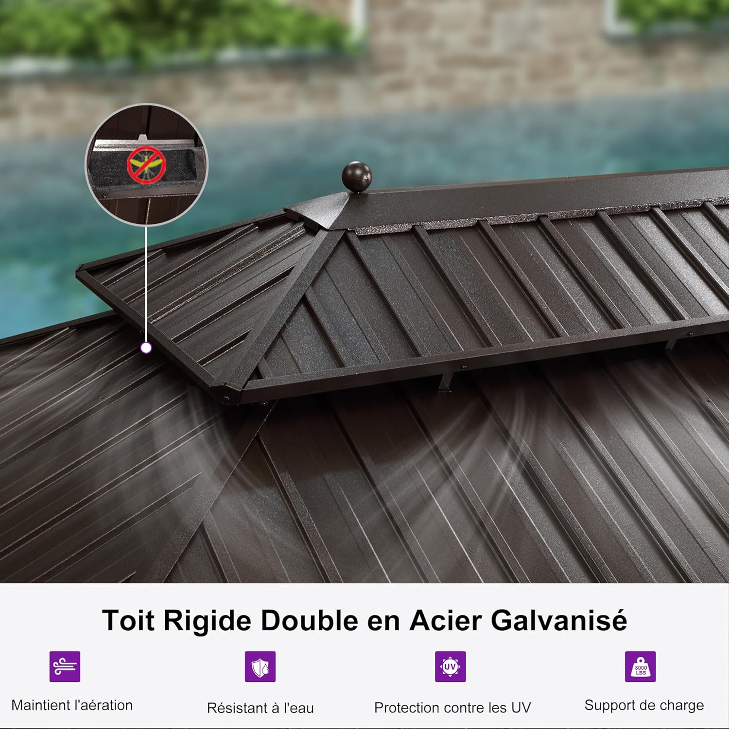 etevert - Pergola toit double 4,85x3,65m acier moustiquaire rideaux