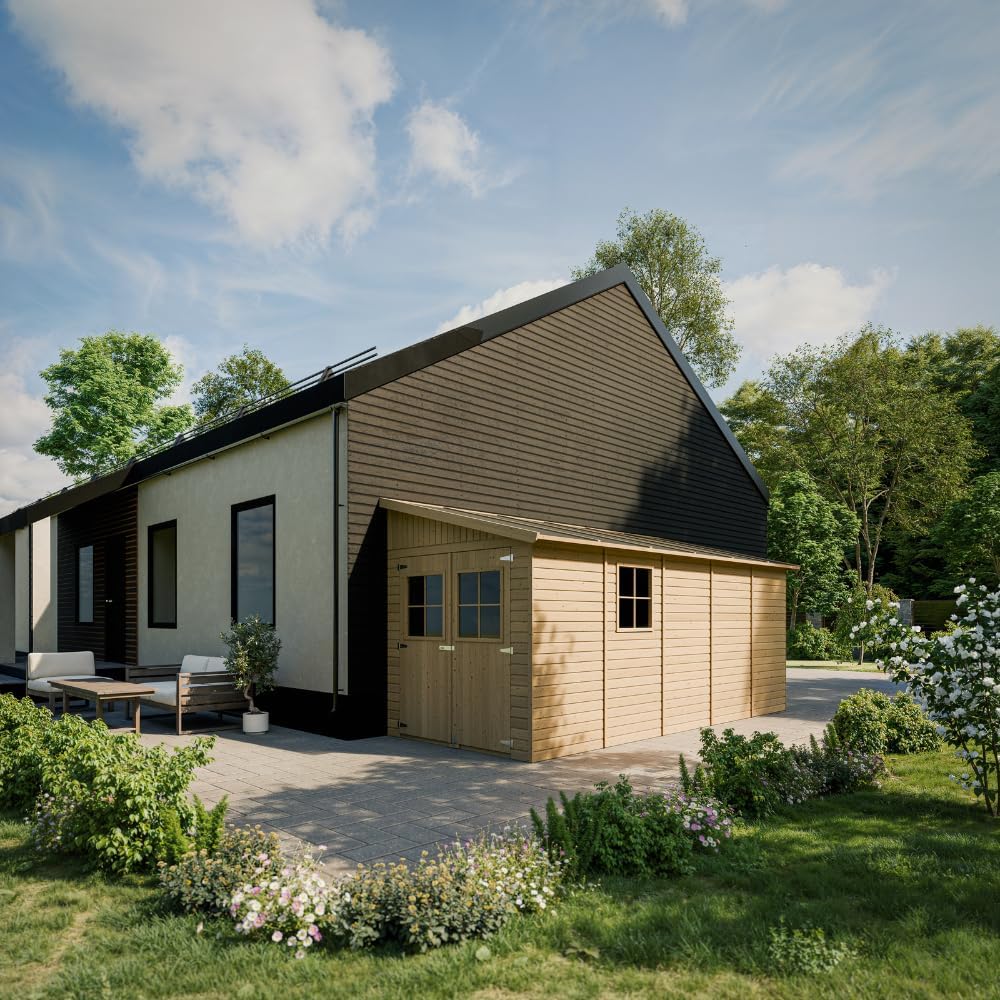 Abri de Jardin en Bois Naturel (avec paroi latérale) Plus Les PLANCHERS IMPRÉGNÉ- Stockage extérieur avec fenêtres- H244x218x514 cm/10 m2- Atelier Rangement Outils et vélos- etevert M341A+M341G