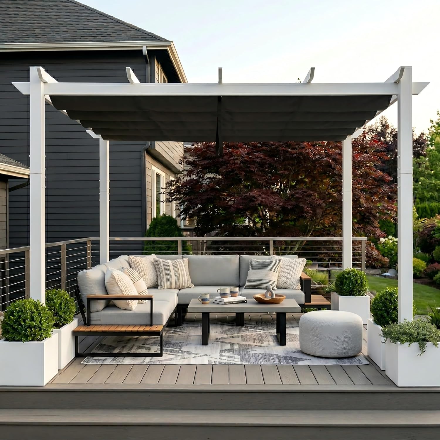 etevert - pergola aluminium série - 4x3m - toit métal blanc, toile rétractable, étanche