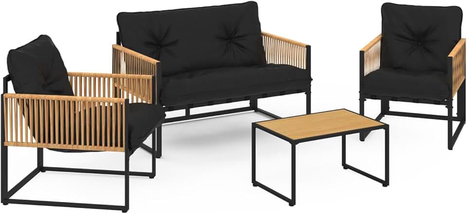 etevert - Salon de Jardin Bas Rio 4 Places - Structure métal noir, cordage rotin clair, coussins noirs
