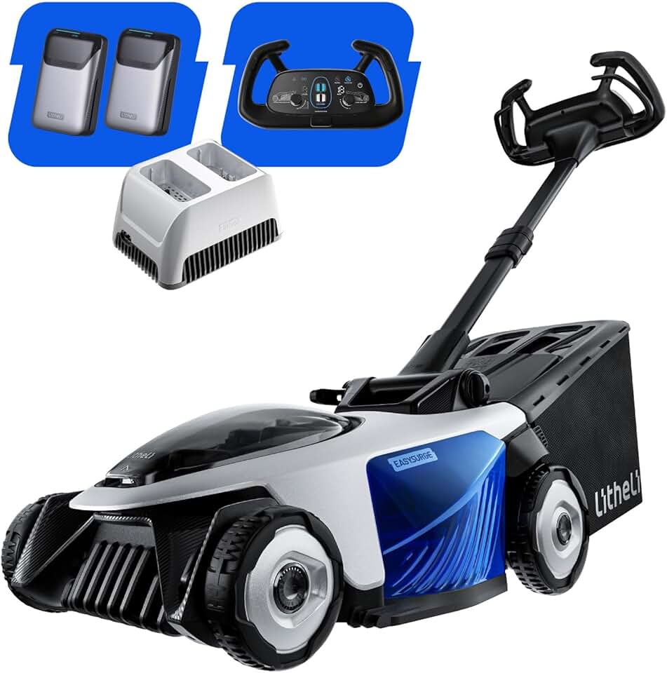 etevert - Easysurge série - 43 cm - Autotractée, 2x20V batteries, 50L bac, réglable, pour pelouses jusqu’à 500m²