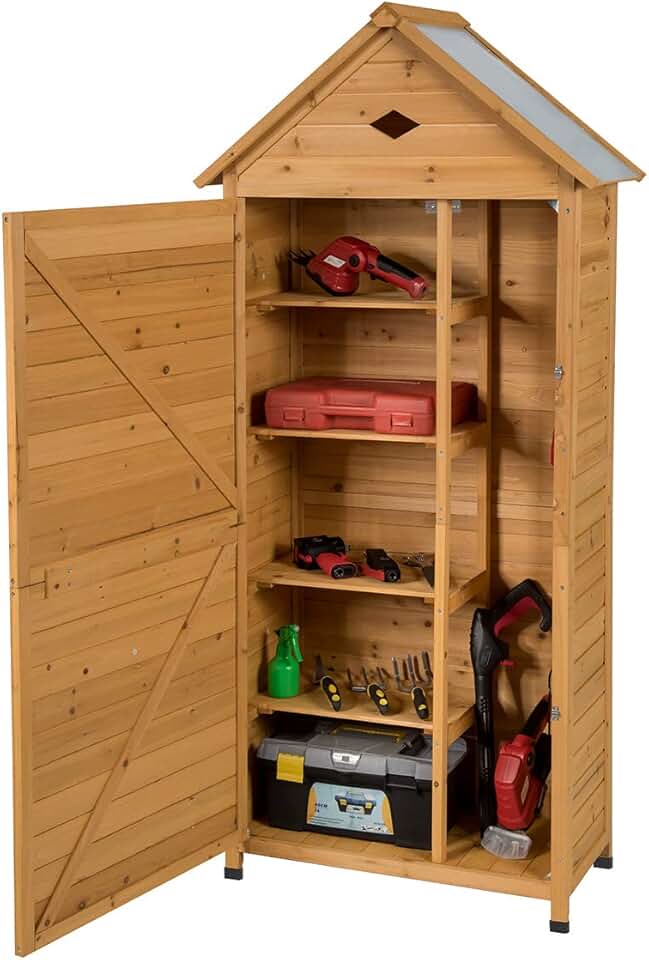 etevert Armoire de Jardin Bois 5 Etagères, Abris de Jardin Bois Verrouillable en Bois de Sapin pour Outils de Jardin avec Etagères,Toit en Tôle Galvanisée pour Maison, Jardin, Cour
