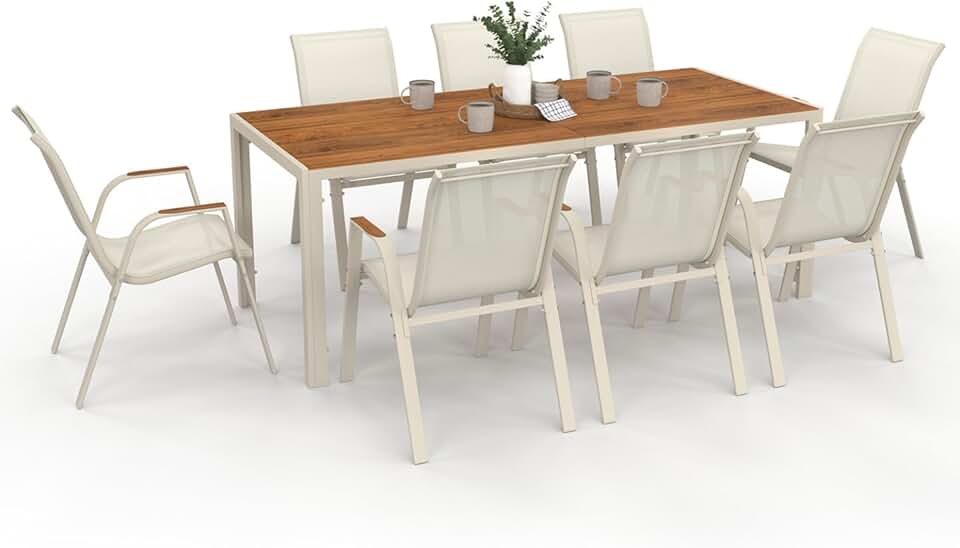 etevert - Noumea Salon jardin 190 cm verre-bois, 8 chaises empilables