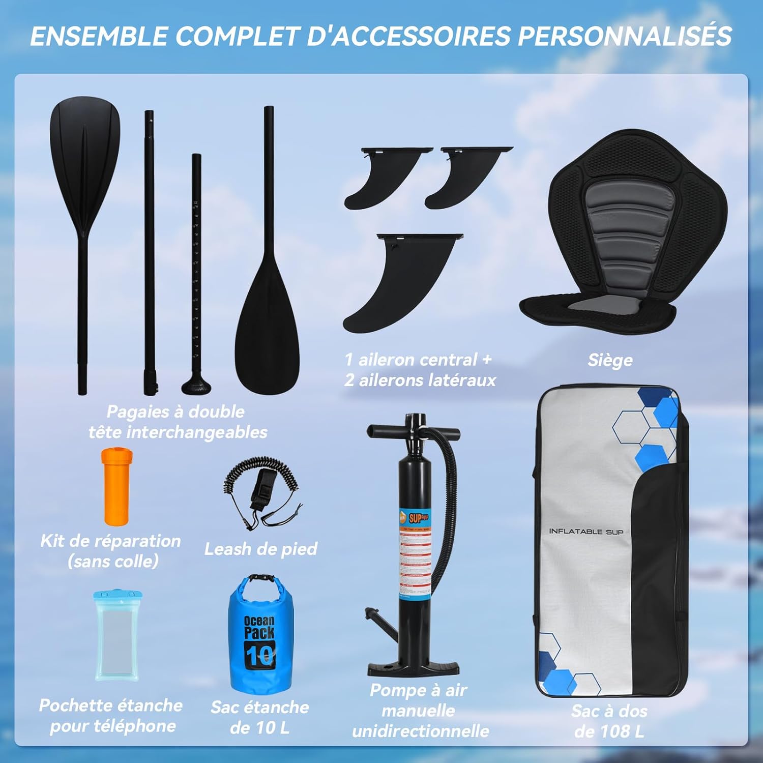 etevert - Paddle gonflable adulte 320/335cm - 2 personnes, siège kayak, pagaie, support caméra, 150kg