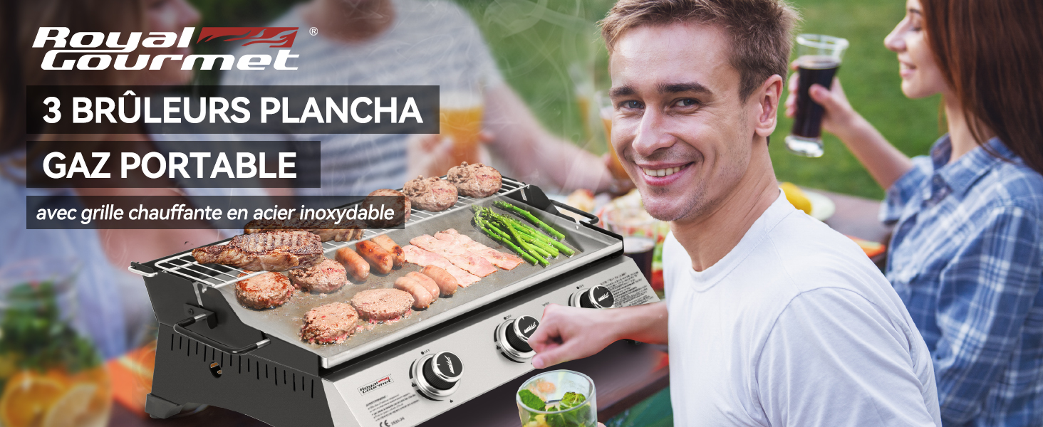 avec trois brûleurs montrant la cuisson de la viande sur une grille en acier inoxydable. Appareil de cuisson extérieur de marque etevert.